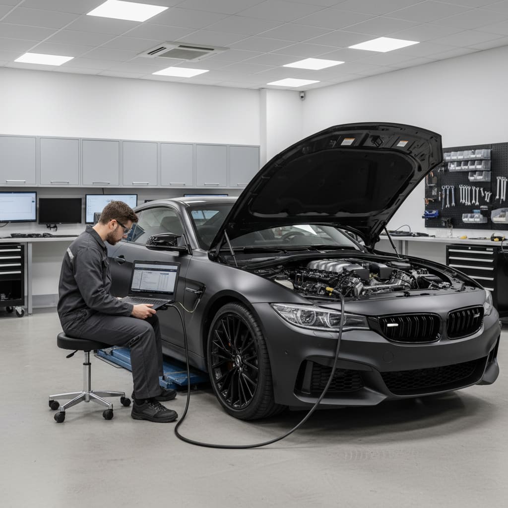 Mechaniker führt Chip Tuning in einer Werkstatt durch